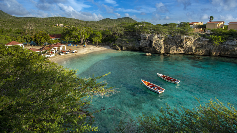 Two fishing boats in Curaçao lagoon seen from the air