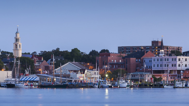 Gloucester Harbor in Gloucester, Massachusetts at dawn.