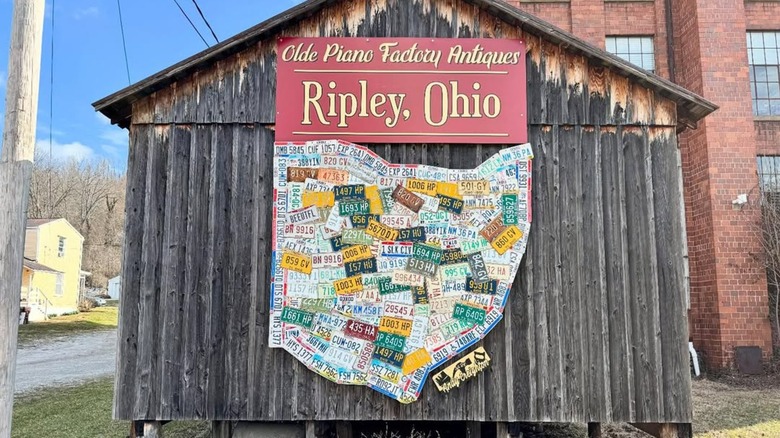 Signage for the Olde Piano Factory Antiques in Ripley, Ohio