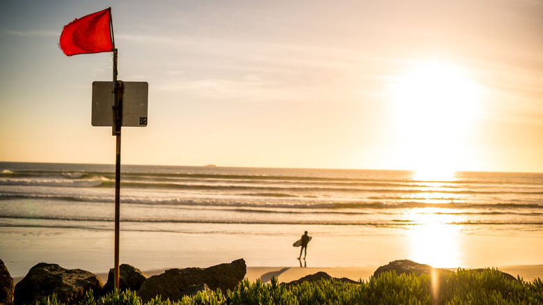 A red flag at Coronado Beach, California, during sunset
