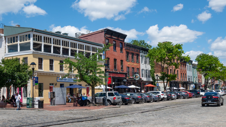 A street with shops and restaurants in Fells Point, Baltimore.