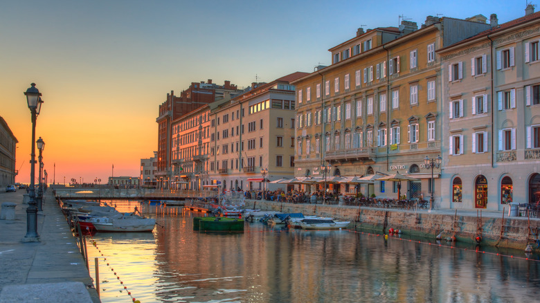View of the Canal Grande at sunset in Trieste, Italy