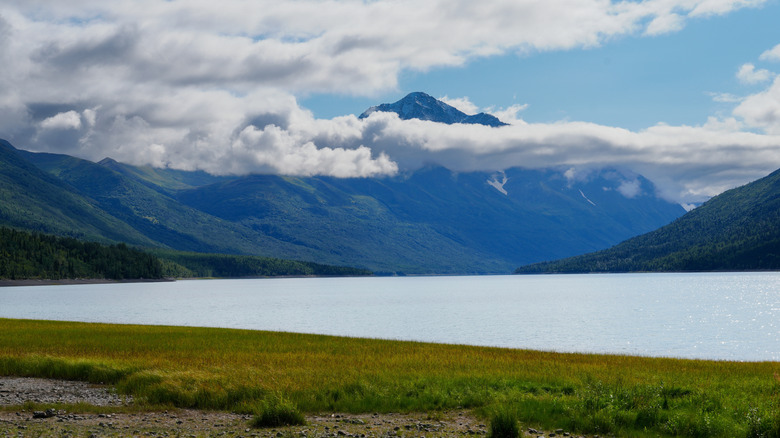 Eklutna Lake with mountains in the background