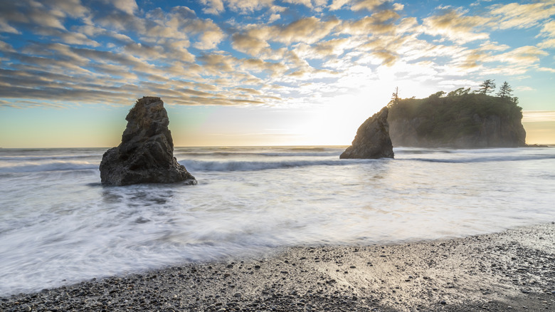 Silhouettes of sea stacks during sunset at Ruby Beach in Washington State
