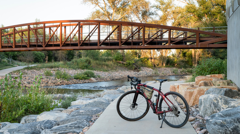 Bike parked on the Poudre River Trail in Fort Collins, Colorado.