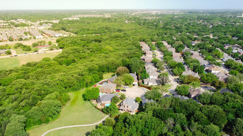 A suburban neighborhood with green trees next to a park with a paved trail in Flower Mound, Texas.