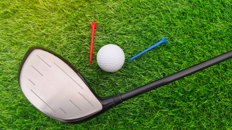 Golf club, tees, and golf ball laying on green grass