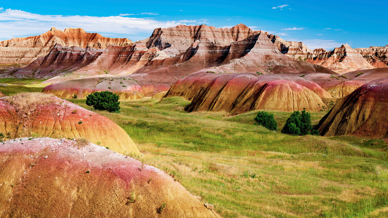 Rugged multicolor plains, mountains, and valleys of Badlands National Park near Wall, South Dakota