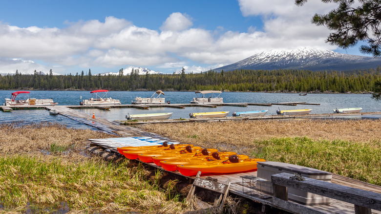 Boats along Lava Lake in Deschutes National Forest, Oregon