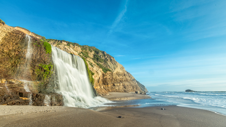 The Alamere Falls cascading off a cliff onto the beach