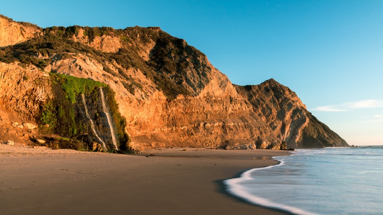 Sun hits the golden bluffs of Wildcat Beach with the Alamere Falls trickling over the rocks