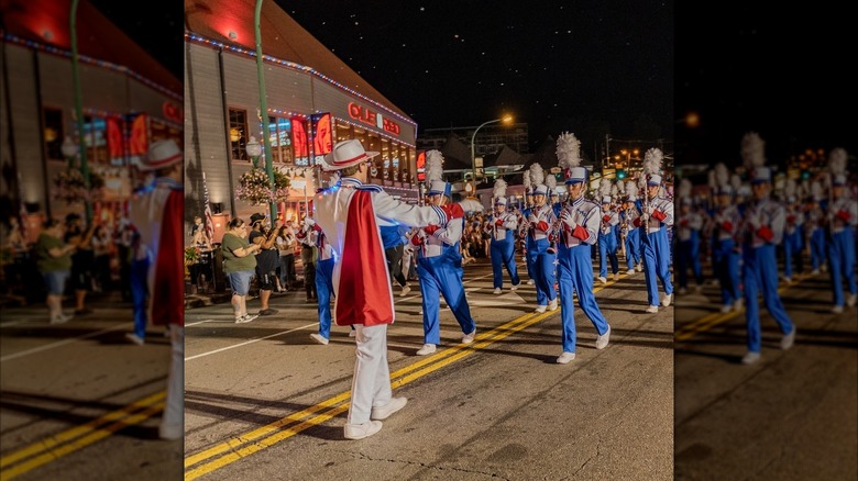 A marching band in the Gatlinburg midnight Fourth of July parade