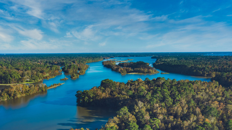 An aerial view of the lake in Kingwood, Texas