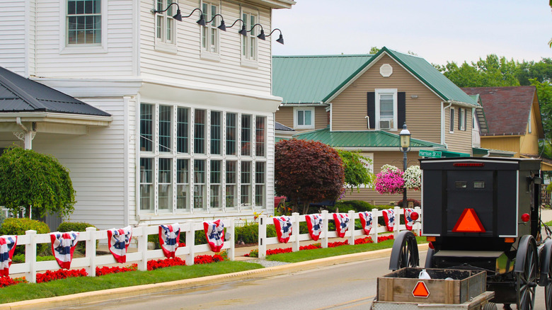 Picture of street in Shipshewana, Indiana, with an Amish buggy