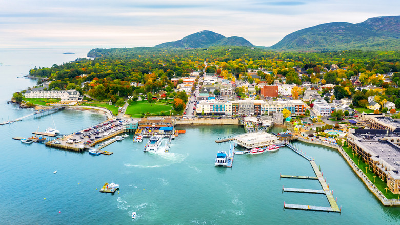 Bar Harbor, Maine coastline and mountains