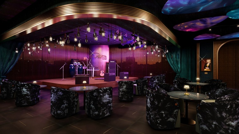 Rendering of the stage at Parton's Live in Dolly Parton's SongTeller Hotel