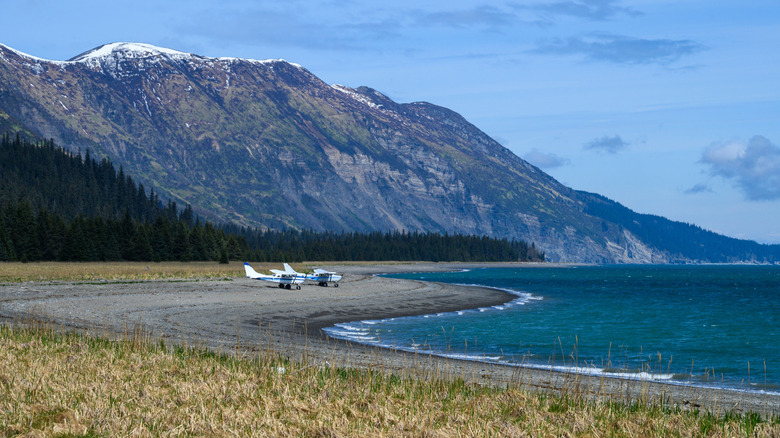 a small plane parked at the coastline by Chinitna Bay