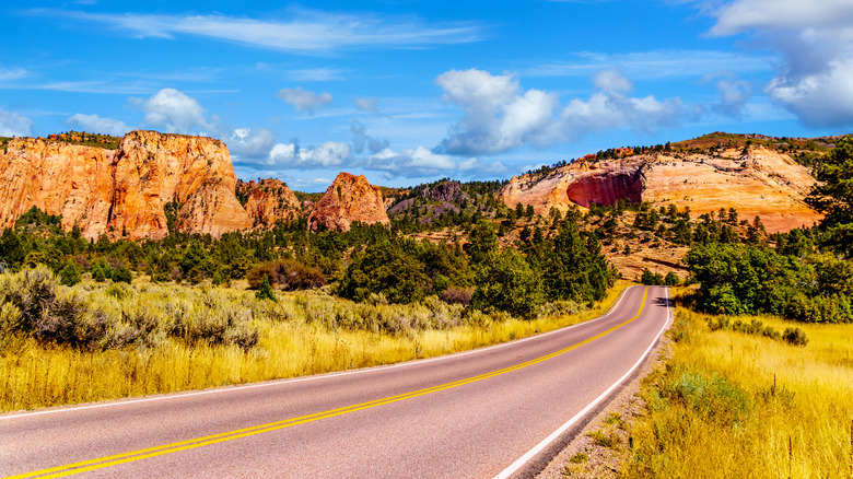 Kolob Terrace Road winds through Red Sandstone Mountains to the 8,000 ft altitude of the Kolob Plateau in Zion National Park, Utah, United States
