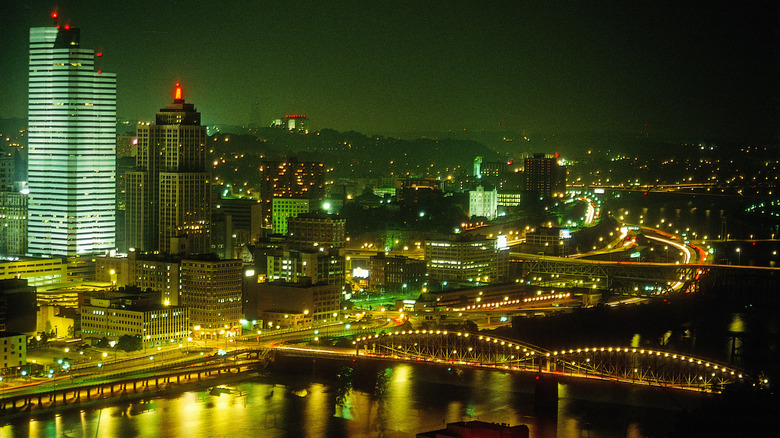 downtown Pittsburgh skyline at night