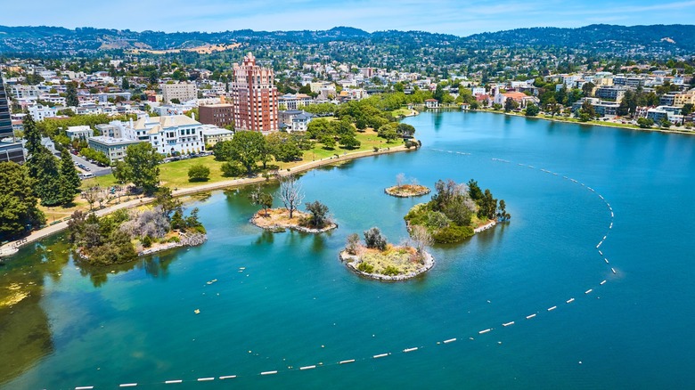 Arial view of Merritt Lake and surrounding cityscape