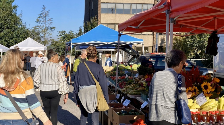 Patrons and vendors at Uptown Farmers Market, Mt. Lebanon, Pennsylvania.