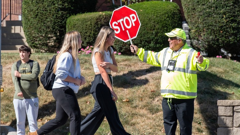 Crossing guard and students in Mt. Lebanon, Pennsylvania