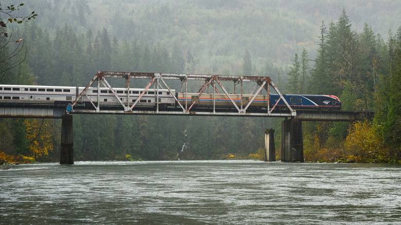Empire Builder train crossing bridge into Seattle