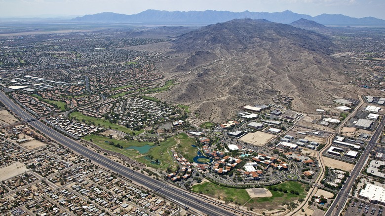 South Mountain and Phoenix suburbs overhead shot