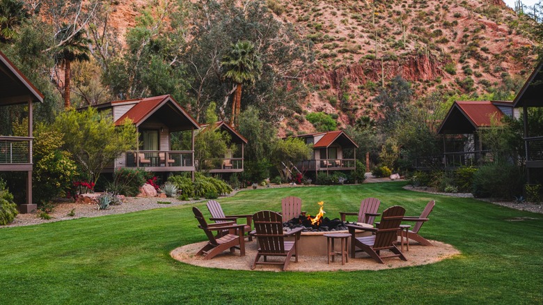Sky View Cabins and fire pit at Castle Hot Springs