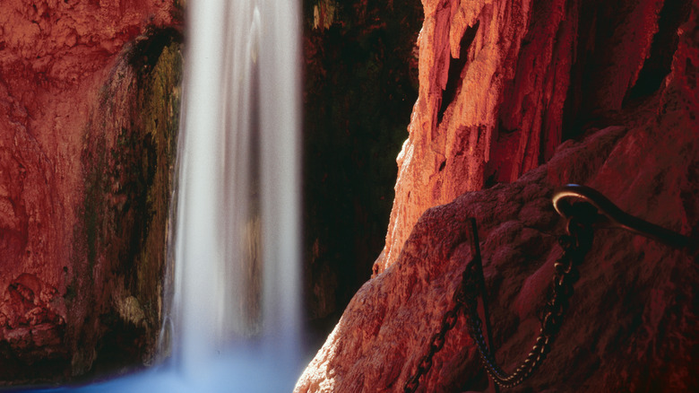 Hiker-assist cables along cliff near Mooney Falls
