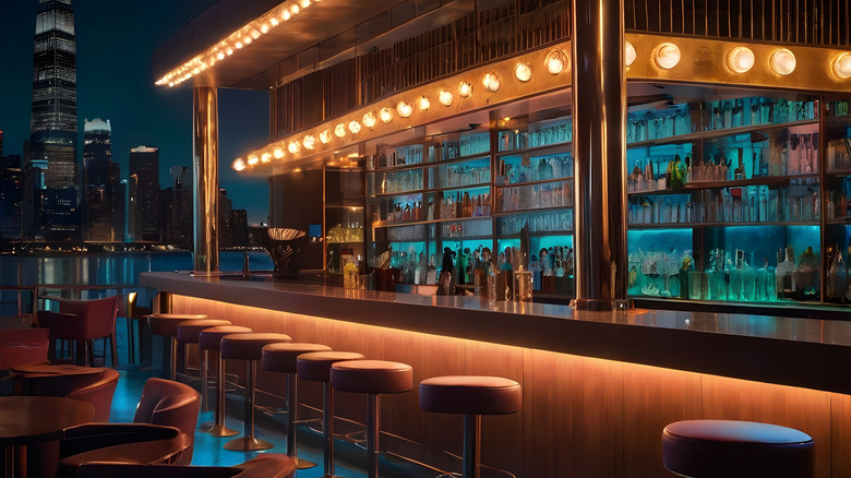 An outdoor bar with a skyline view