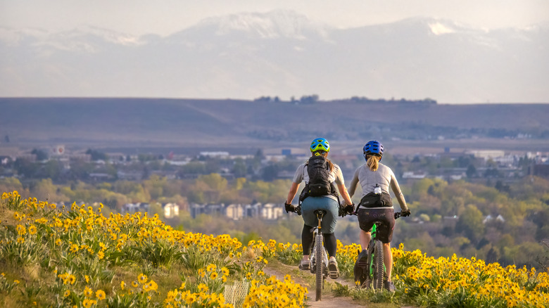 Two women mountain biking outside of Boise, Idaho