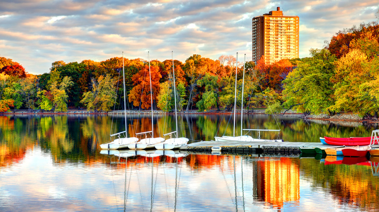 Fall foliage reflected on pond in Jamaica Plain, Boston, Massachusetts