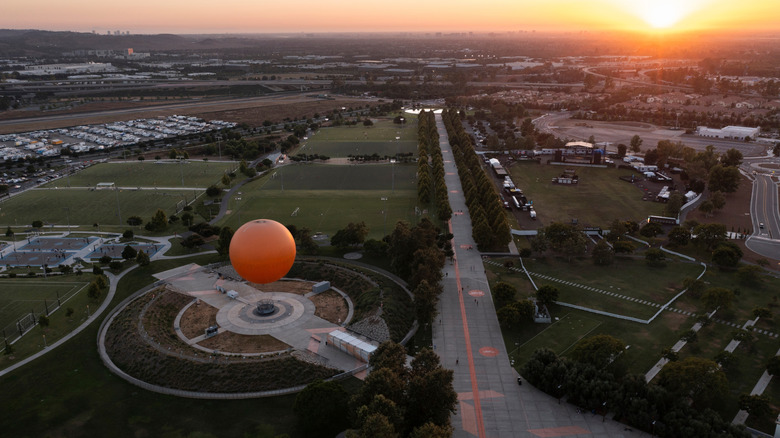 Evening light shining over an aerial view of the Great Park Balloon in Irvine, California