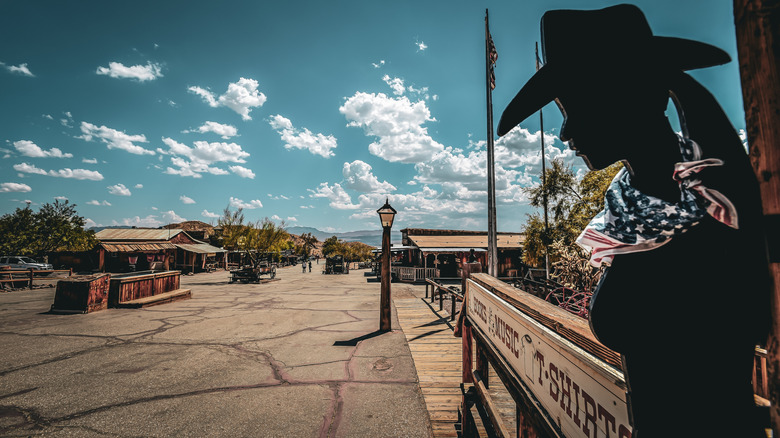 Calico sihouletted dummy board and paved downtown