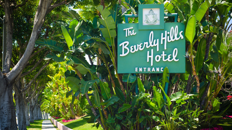 Entrance and famous sign of Beverly Hills Hotel