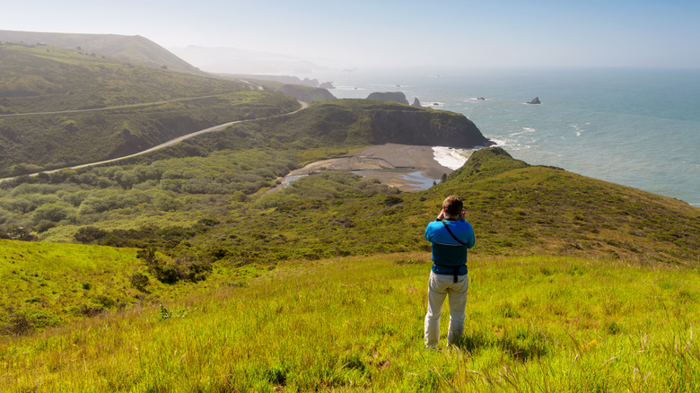 Tourist taking photos of the Pacific Ocean from the Sonoma Coast