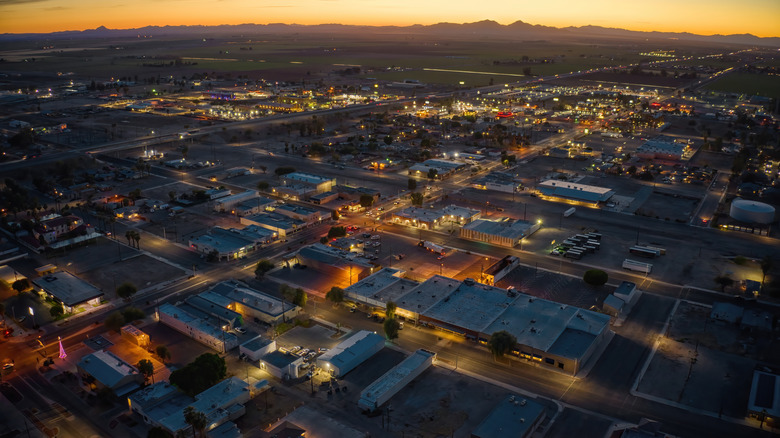 Downtown Blythe, California at dusk