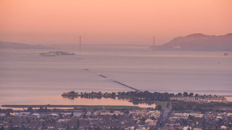 Sunset view of Berkeley's marina with the Golden Gate Bridge in the background