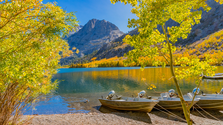 Boats beside June Lake on Eastern Sierra in fall