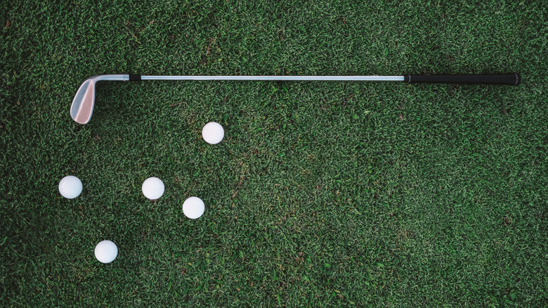 Golf club and golf balls on lawn