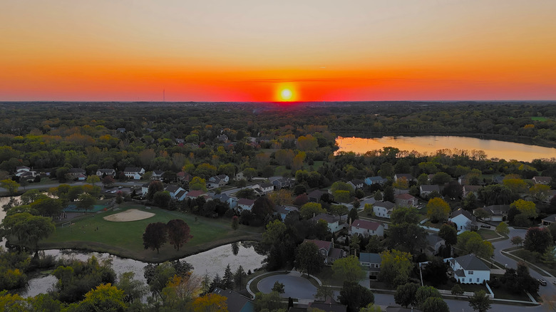 aerial view of a chicago suburb at sunset