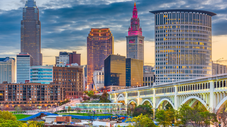 Wide angle perspective of Downtown Cleveland, Ohio
