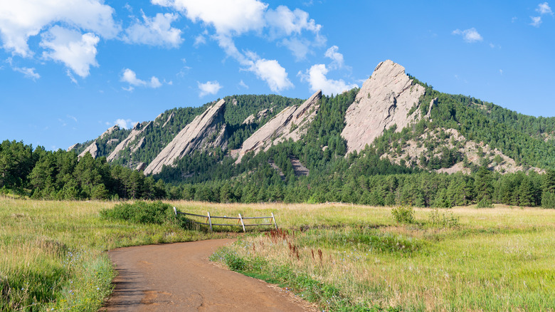 View of the Flatiron Peaks in Chautauqua Park in Boulder, Colorado