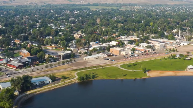 An aerial view of Windsor, Colorado, with Windsor Lake at the bottom