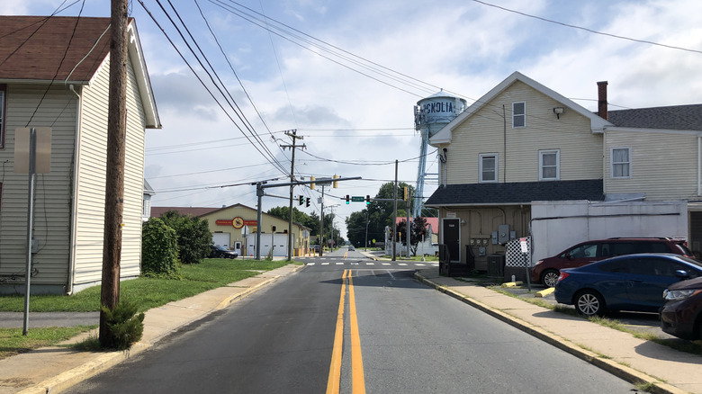 View of homes and a water tower along a street in Magnolia, Delaware