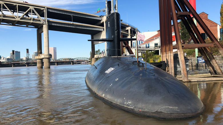 A close view of the top of the USS Blueback submarine in Portland, Oregon