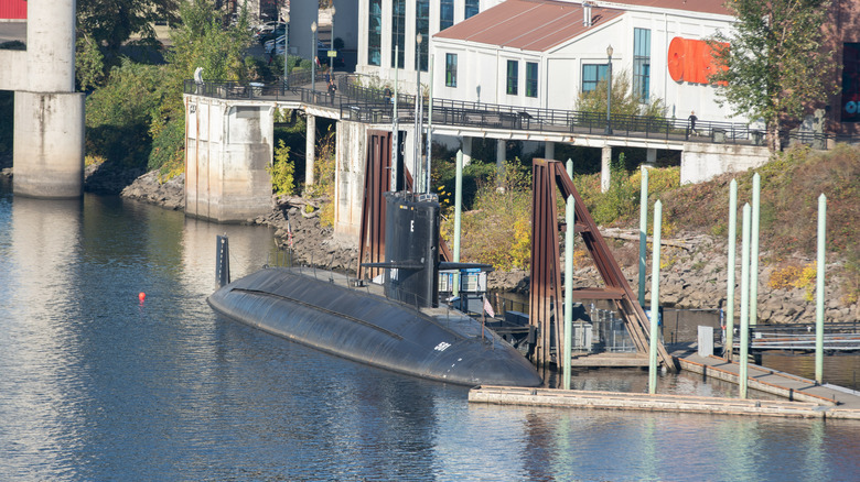 The USS Blueback submarine docked outside of the Oregon Museum of Science and Industry in Portland