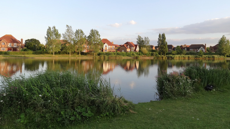 A view of a lake and neighborhood in Milton Keynes