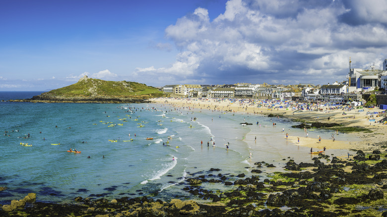 People on the beach at St Ives, Cornwall.